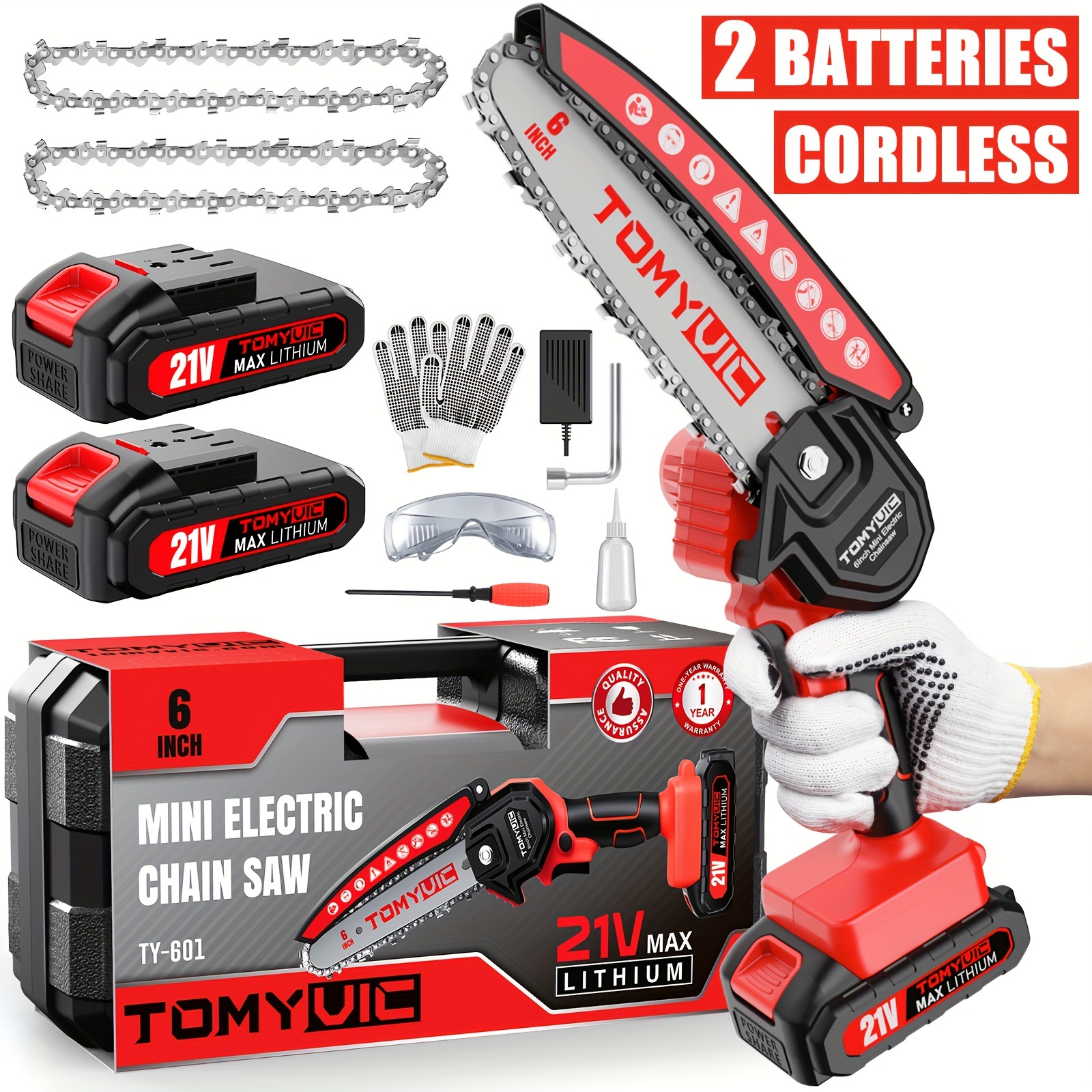 

Mini Chainsaw 6-inch Battery Powered - Cordless Electric Handheld Chainsaw With 2 Rechargeable Batteries - 21v Small Power Chain Saws Battery Operated For Tree Trimming Wood