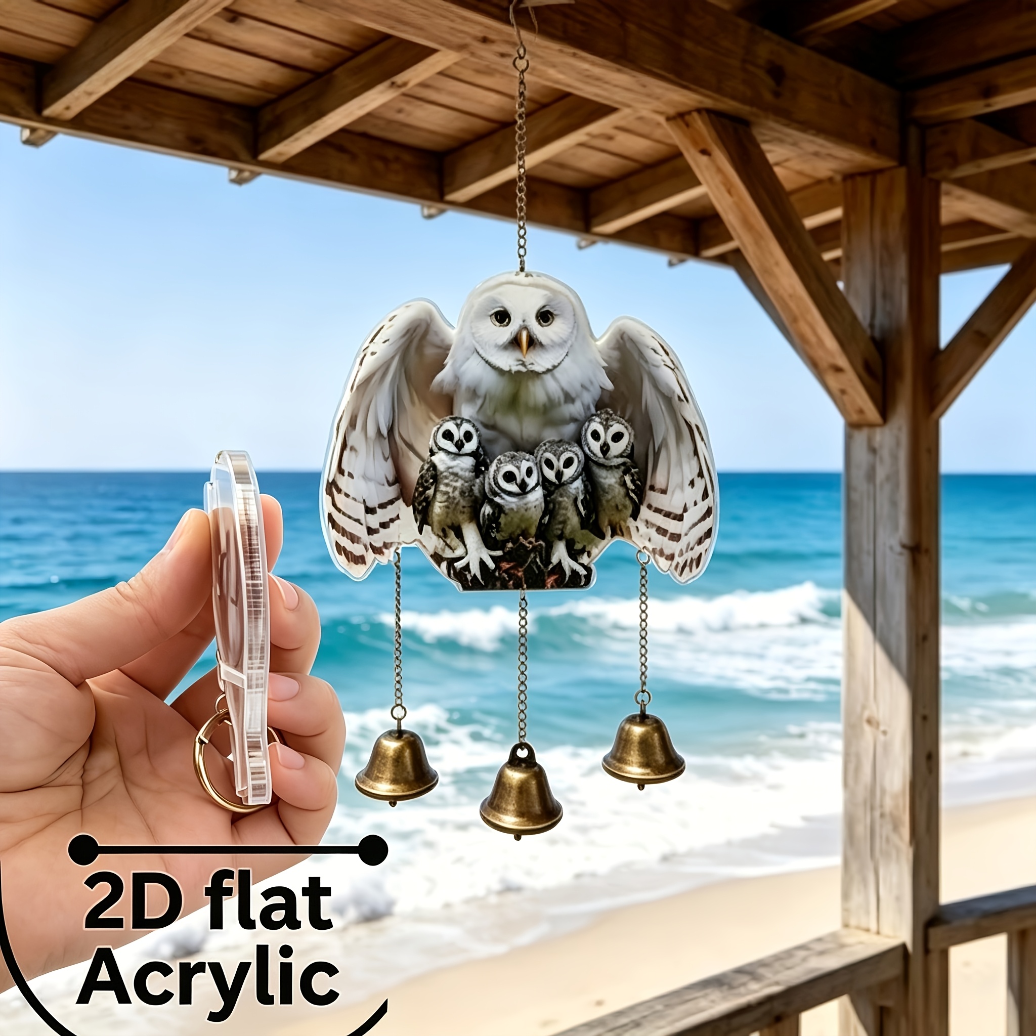 TEMU 2d Flat Acrylic Owl Wind Chime With Bells, 7.87"×13.78", Outdoor Garden Decor, 3 Metal Bells, Soothing Sound, Durable Hanging Ornament, Owl