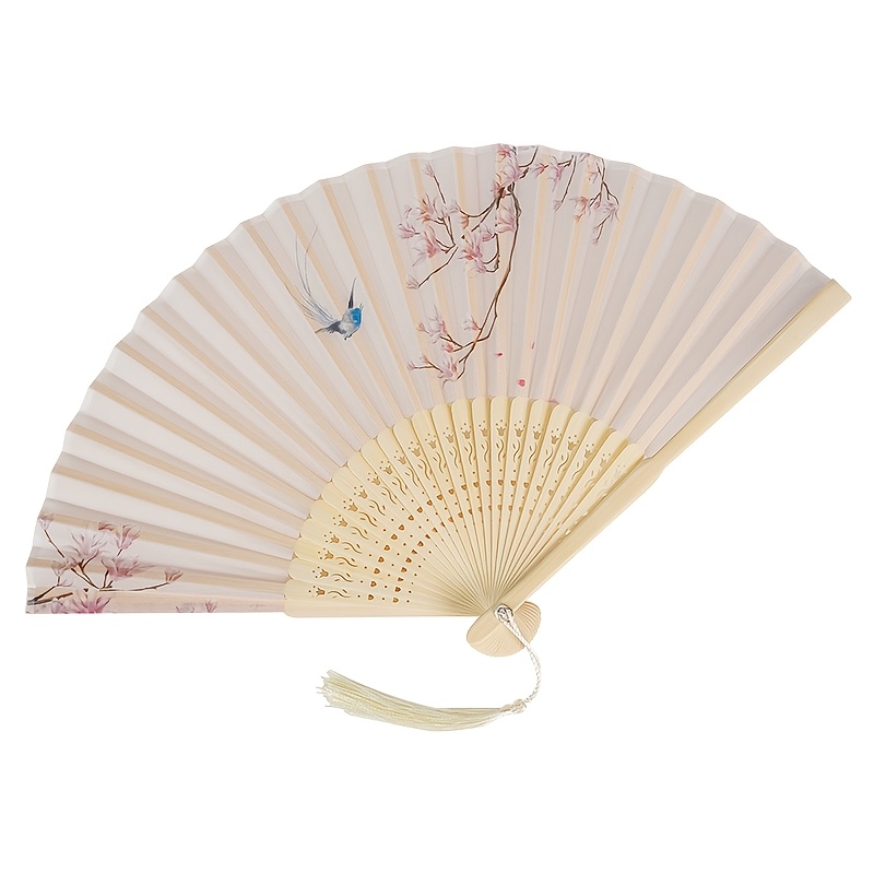 TEMU Elegant Magnolia And Bird Print Folding Fan, Closed Length Bamboo Hand Fan With Tassel, Lightweight Pocket Fan For Women, Summer Cooling,