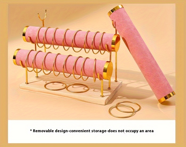 Multi Tier Jewelry Display Stand With Golden Pipes Heavy Duty Organizer For Bracelets Necklaces Watches Beige   Sturdy New Zealand Pine Wood Base Store   Decor   Shelf Store Display Rack Sophisticated Design Metallic   Rack Details 1