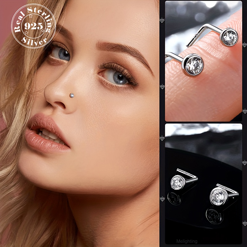 

1 Pair Exquisite S925 Sterling Silver Zircon Decor Nose Stud, L Shape Rod Nose Nail, Suitable For Daily Dressing, Mother's Day Gifts, Jewelry Gifts For Women 1.1g/0.04oz
