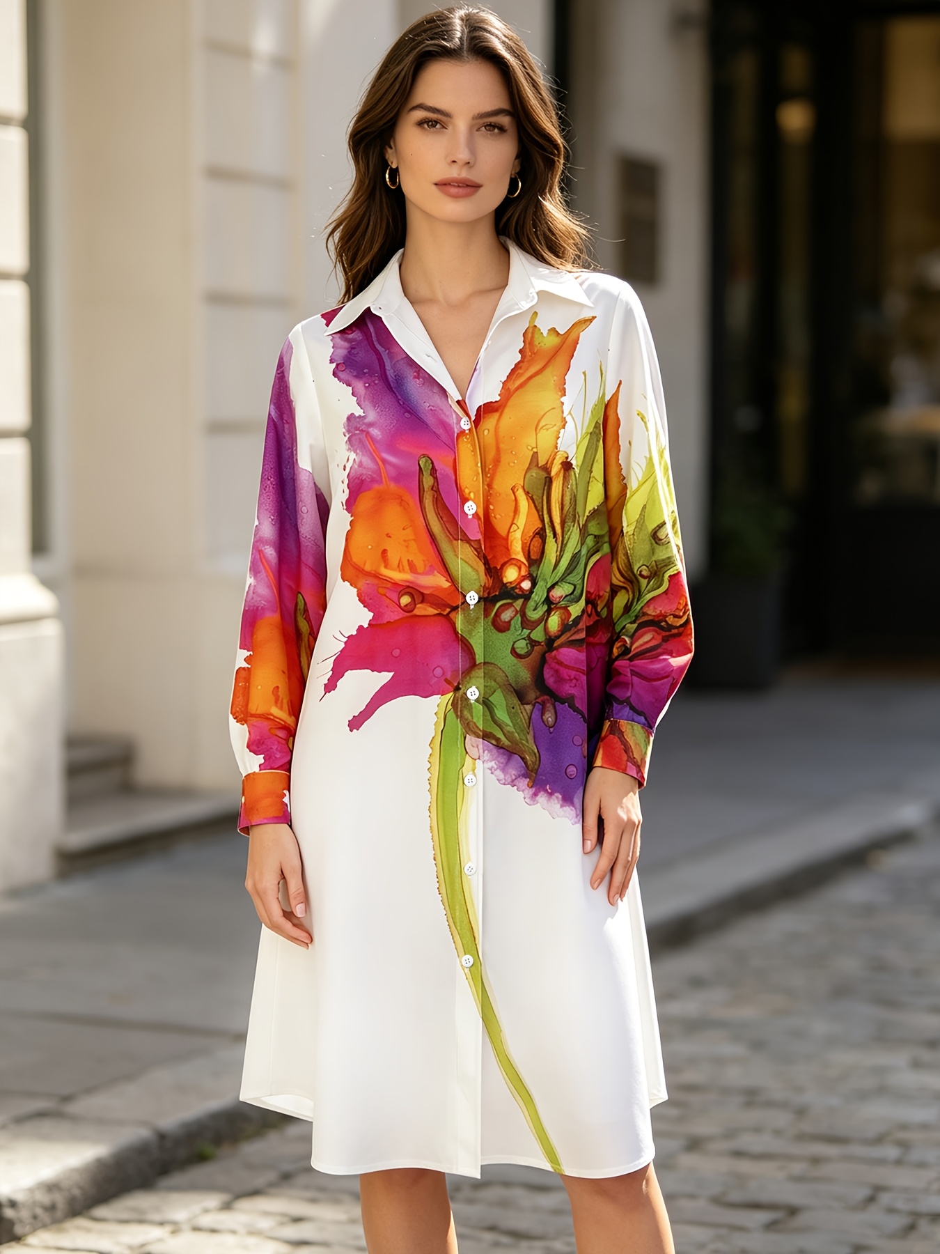 * Developed Spring, Summer, and Autumn Fashionable Floral Print Long-sleeve Elegant Women's Shirt Dress with Studded Buttons