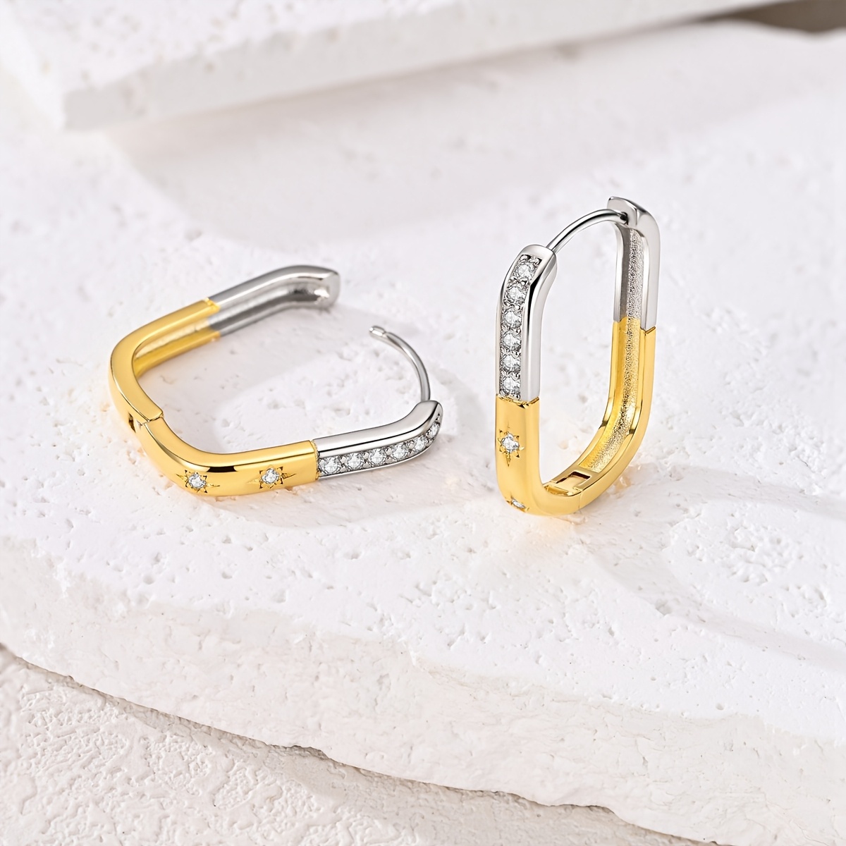 Women's Golden Silver Dual-Tone Starburst Square Earrings