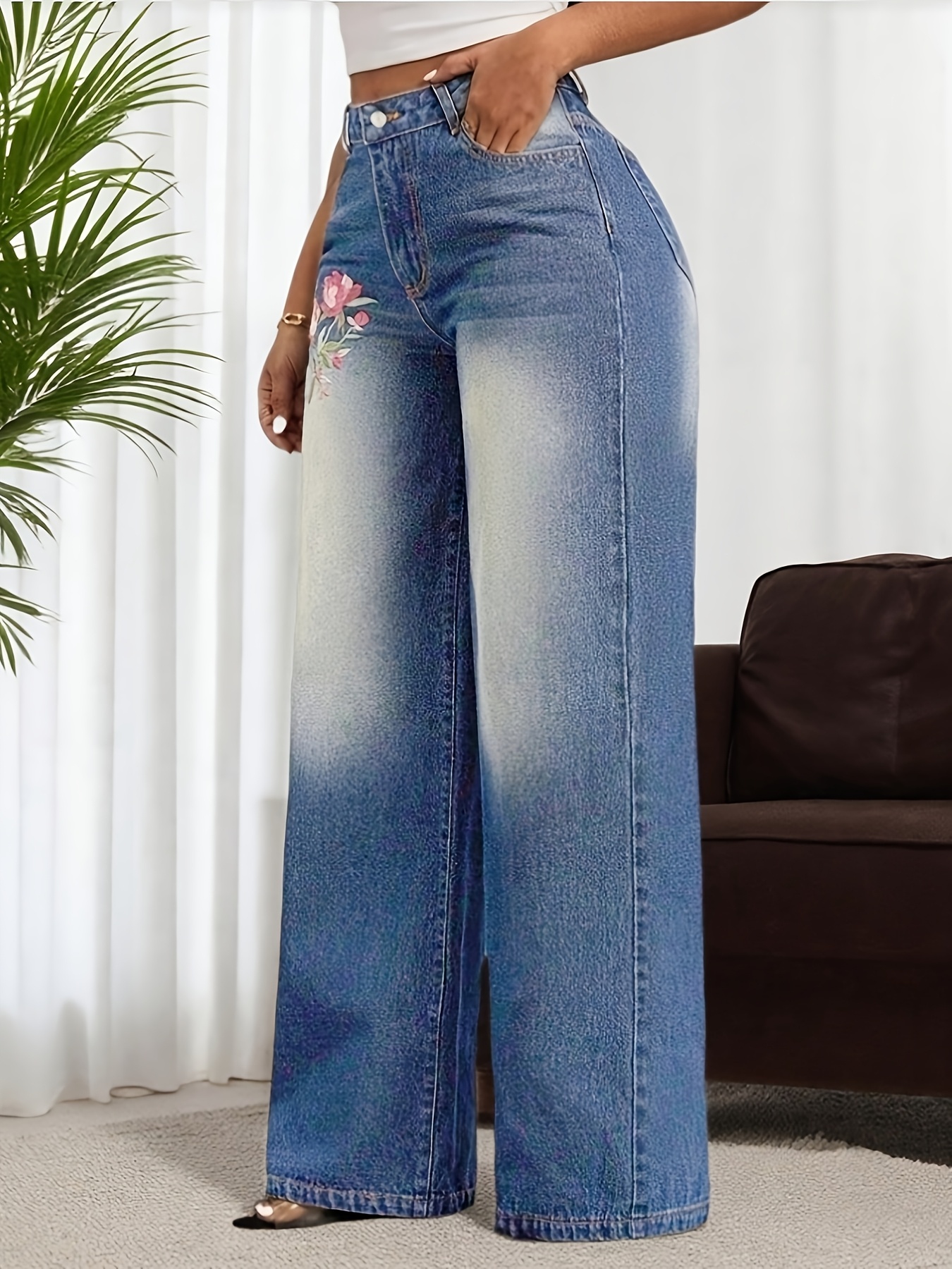 2026 Spring/Summer New Floral Embroidered Stretch Wide-Leg Pants, Loose Fit Wide-Leg Jeans, Embroidered Wide-Leg Women's Washed Denim Pants