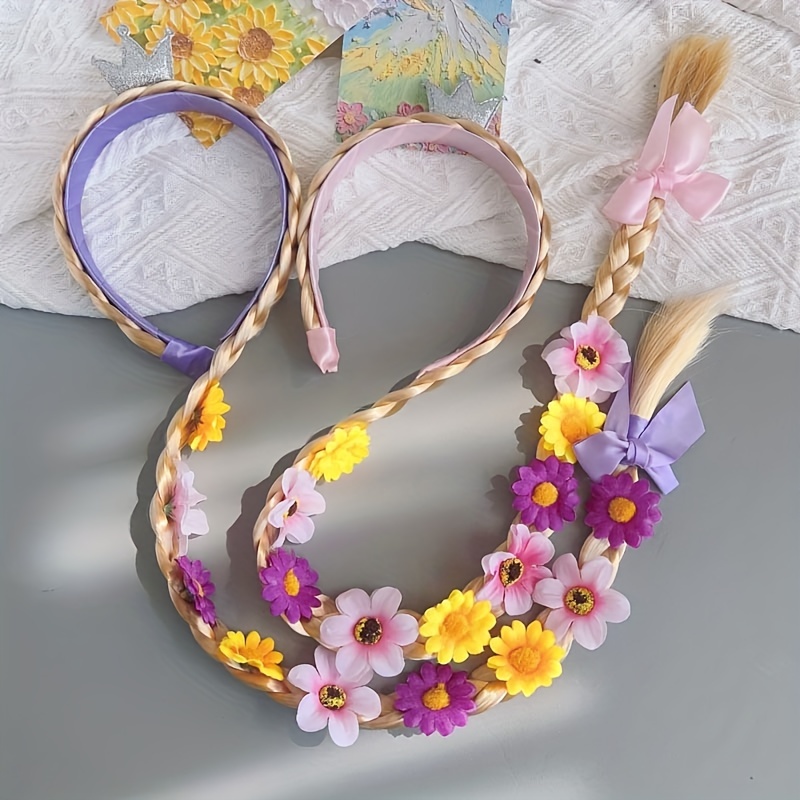 

Women's Floral Braided Headband With Artificial Flowers - Decorative Hairband For All Occasions, Synthetic Straight Ponytail Braid With Hair Hoop, Fashion Accessory For Cosplay And Photography