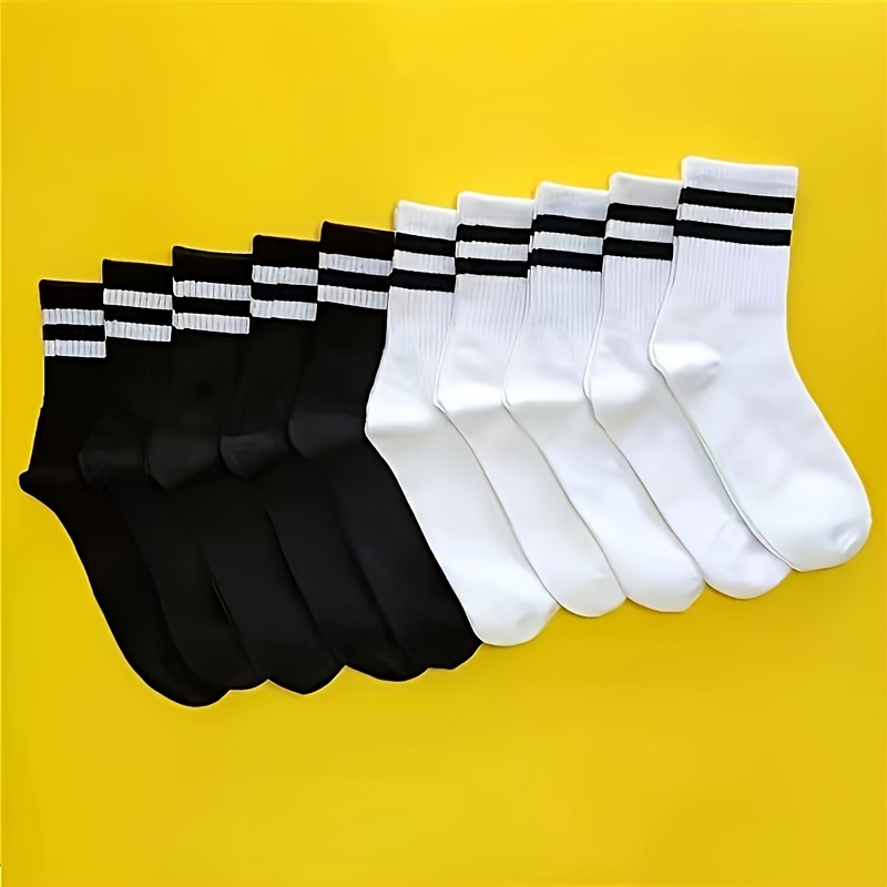 

10 Pairs Of Mixed Color Trendy Streetwear Socks With 2 Stripes - Women's Short Socks - Hand Wash Or Dry Clean - Polyester Material - Knitted Fabric - Plain Pattern