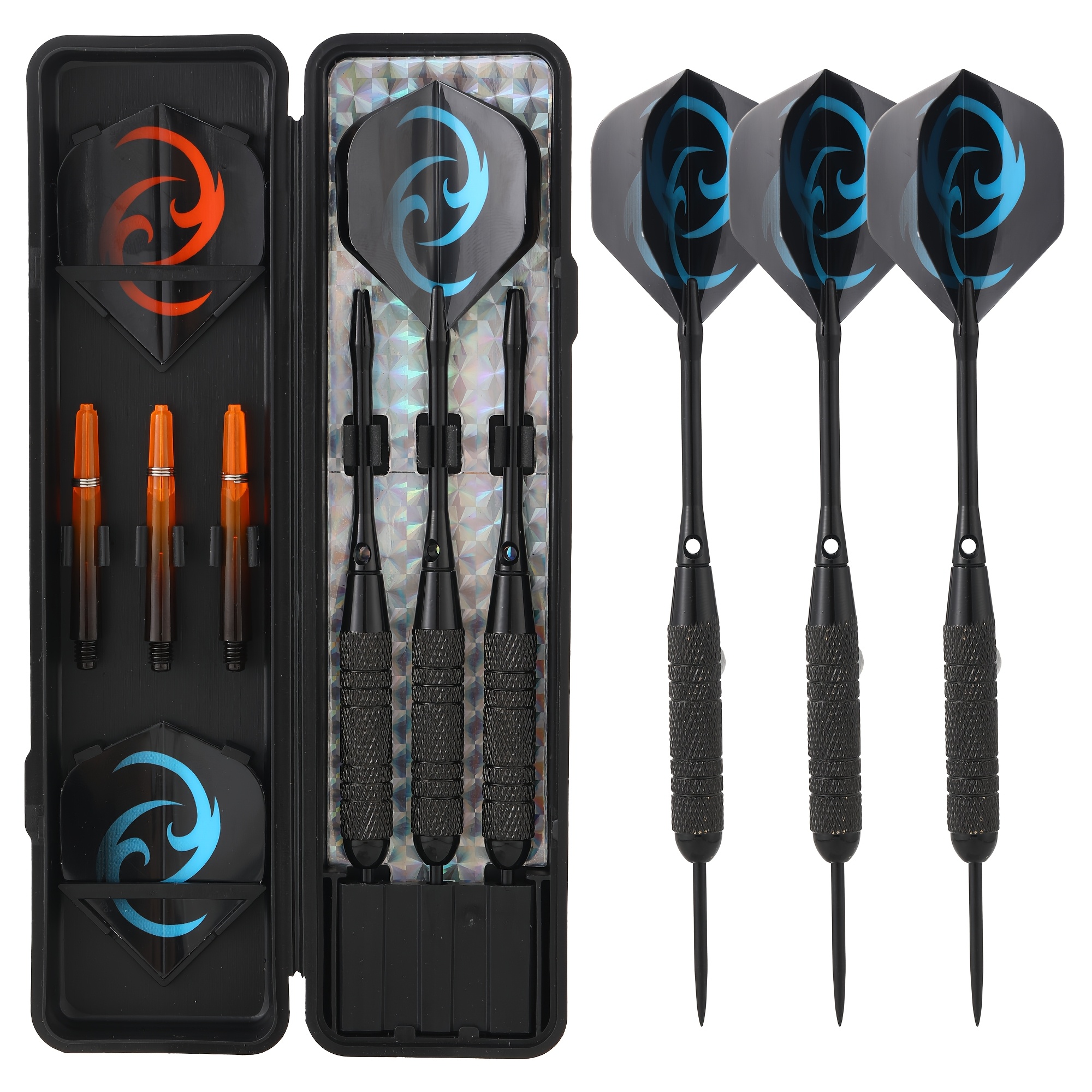 Een 24-gram ijzeren dartset, ontworpen voor professionele competitie, met een antislip textuur voor een betere grip. Het bevat drie zwarte aluminium schachten en drie oranje doorzichtige zwarte schachten.