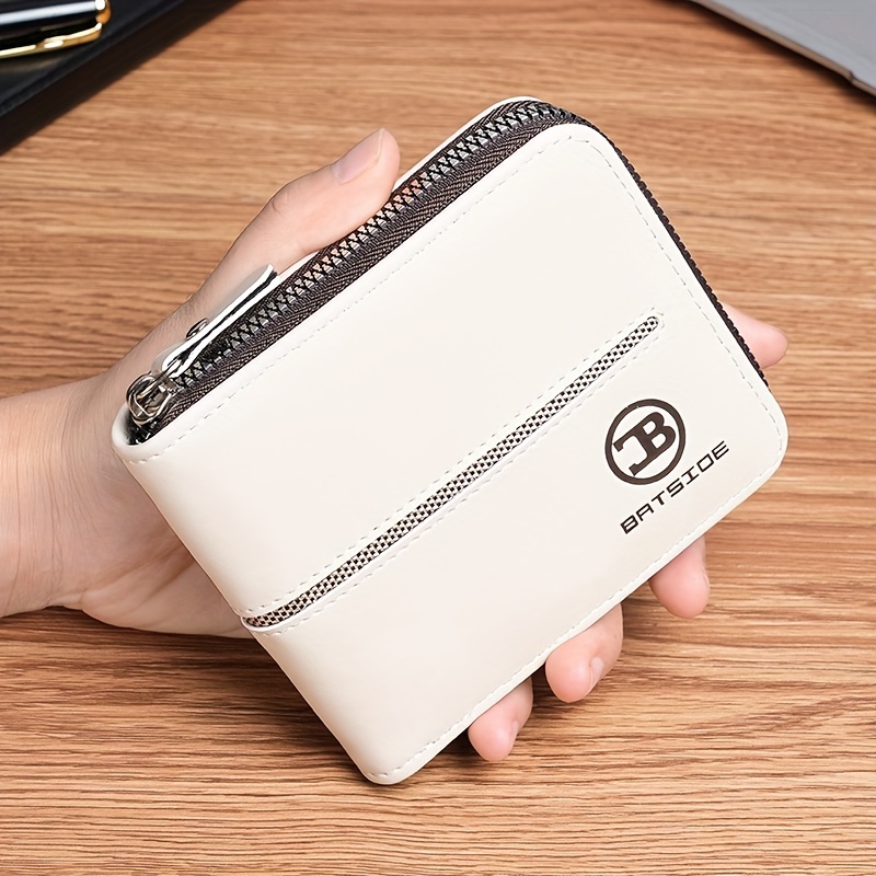 

Batside Men's Casual White Leather Wallet, Solid Color, Multi-card Slots, Zippered Clutch Coin Purse, Perfect Gift For Men