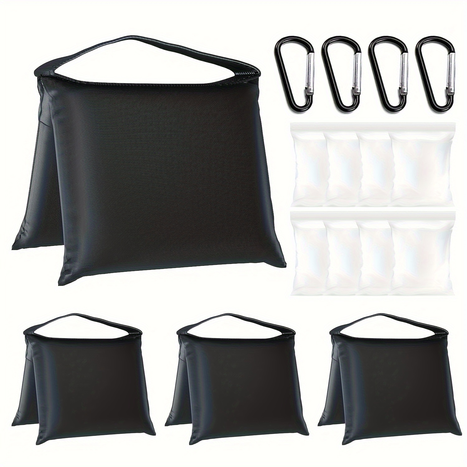 

4-pcs Photography Sandbags For Tripod Stabilization, Black Weight Bags With 4 Aluminum Carabiners, 8 Pe Zip Seal Bags (sand Not Included), Durable For Video Tripods, Tents, Umbrellas - 21.8in X 10.8in