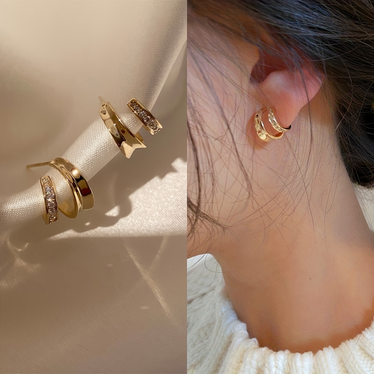 

Boucles d'Oreilles Élégantes à Double Couche en de C avec Strass - Chic & Polyvalentes pour Tenue Décontractée, Cadeau Idéal pour la Saint-Valentin