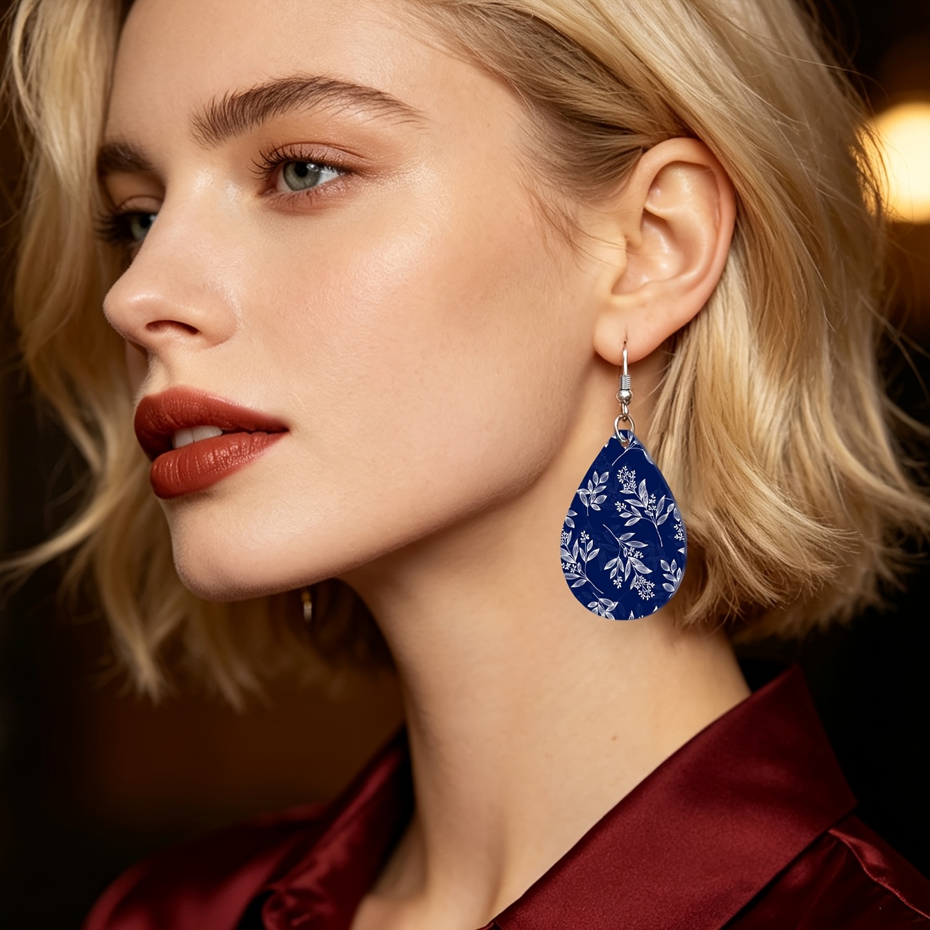2D Flat Bohemian Minimalist Navy Blue Branch Leaf Earrings