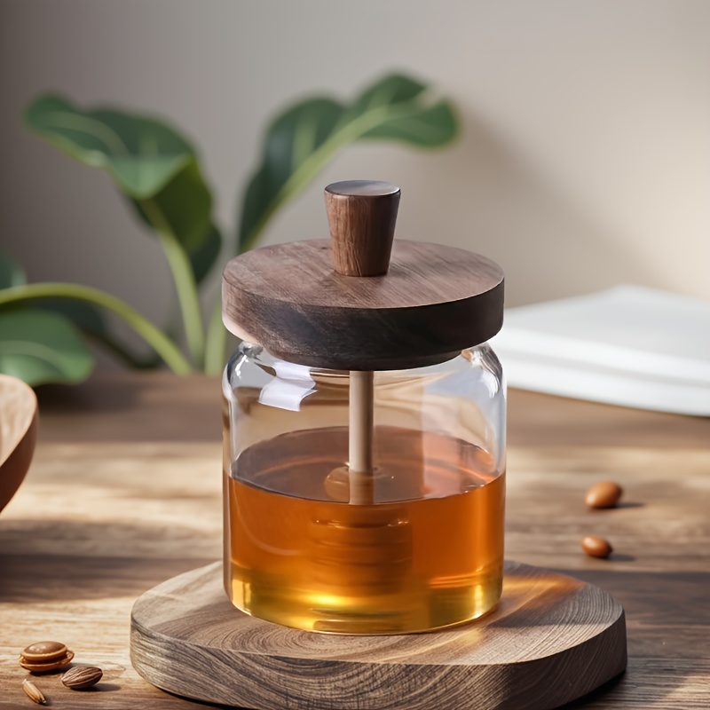 1 Tarro de Miel con Tapa de Bambú y Palito para Mezclar, Dispensador de Miel de Vidrio de 17 oz, Tarro de Miel de Vidrio de Borosilicato de Alta Calidad, Contenedor de Miel Multifuncional para Uso en la Cocina, Dispensador de Tarro de Miel de Vidrio Transparente, Contenedor de Miel de Vidrio