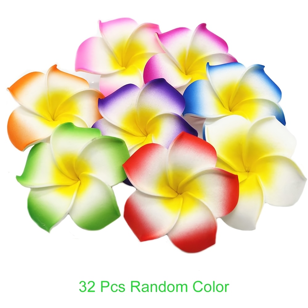 32pcs Outdoor Artificial Flowers, Random Color Foam Hawaiian Frangipani Artificial Plumeria Flower Petals Cap Hair Hat Wreath Floral Diy Bridal Wedding Decoration