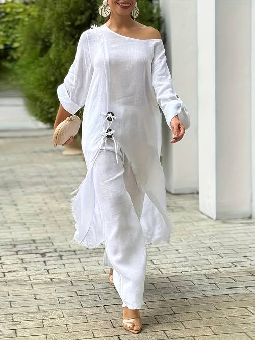 2pcs outfit long sleeve lace up top and casual wide leg pants set