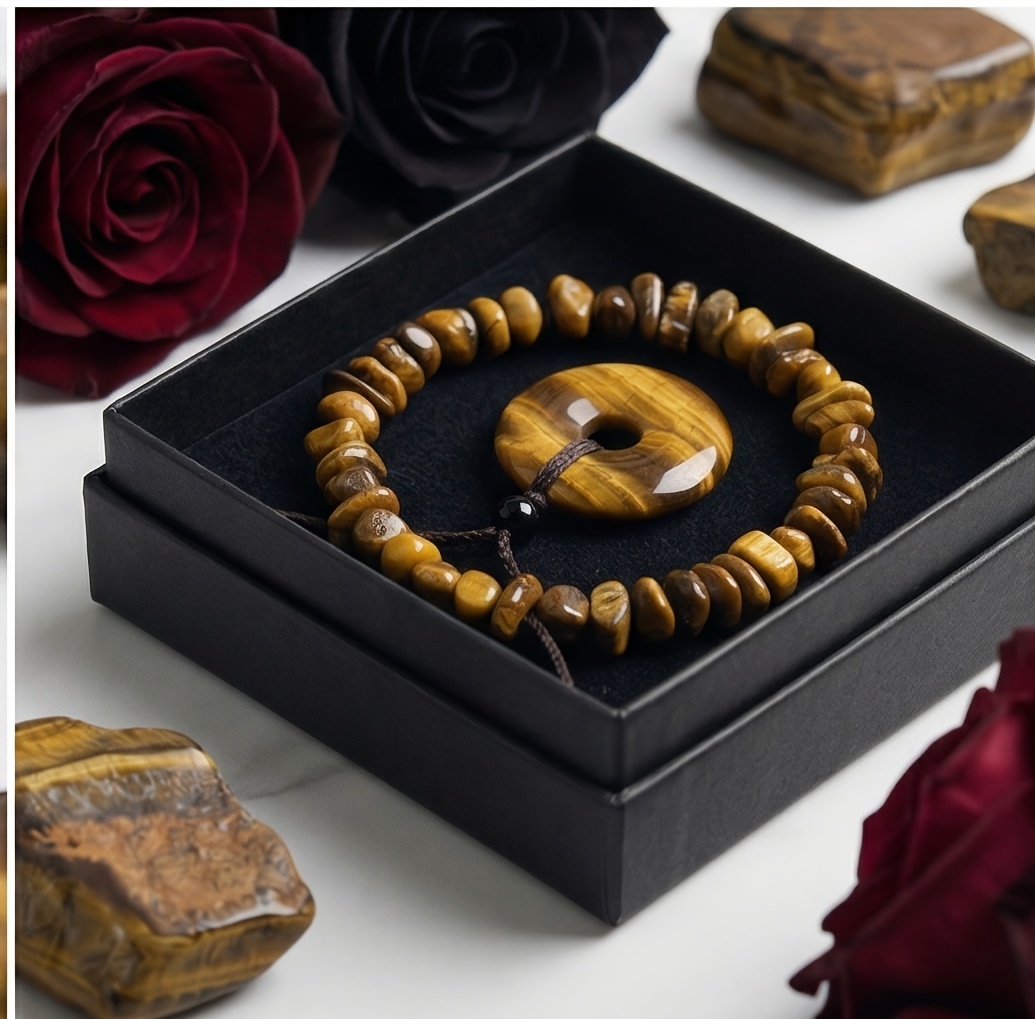 3pcs Natural Tiger's Eye Stone Protection Necklace & Crushed Stone Bracelet Suitable for Women's Bohemian Jewelry Gift Box Set, Courage Wealth Attraction Stone Jewelry for Weddings, Parties, Daily Wear - Gift for Girlfriend, Best Friend, Year-Round