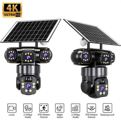 2pc wifi 4k高清太阳能安防摄像头,10倍变焦,360度低功耗闭路电视,三镜头,彩色夜景,双向语音,ip66防水,2.4g,运动检测报警|适用于家庭/车道/停车场,无线太阳能户外安防摄像头,监视器