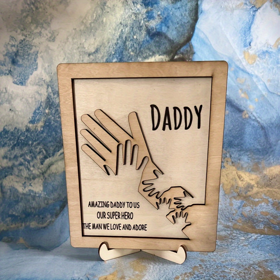 1pc fathers day wooden sign palms intertwined wooden plaque with base gift for dad grandfather amazing daddy to us our super hero the man we love and adore decorative ornaments home decor interior decor living room and bedroom details 4