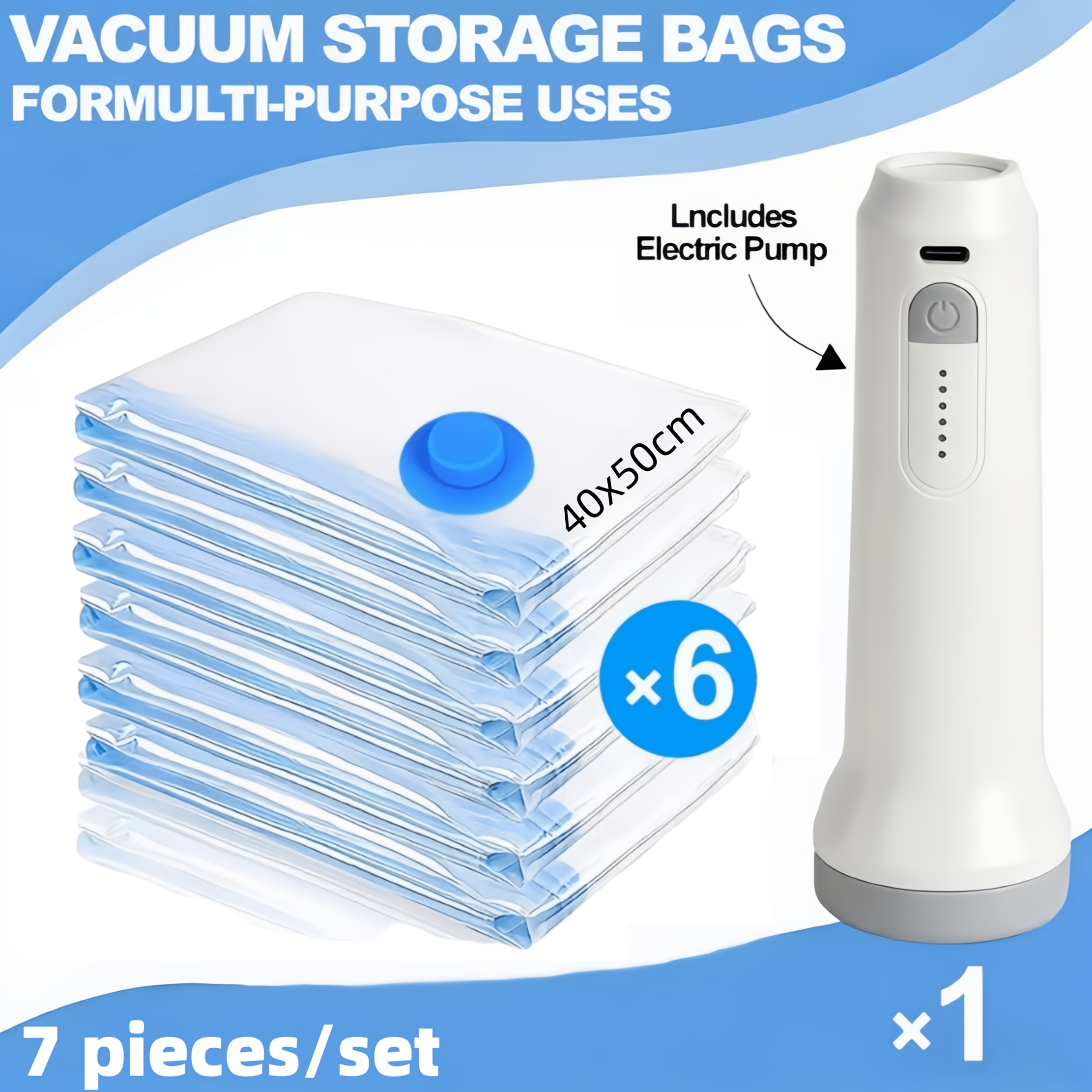 TEMU 7pcs Set - Sizes, Vacuum Compression Bags And Usb Electric Air Pump, With Charging Cable, 1500mah Ultra-long , Portable And Convenient For