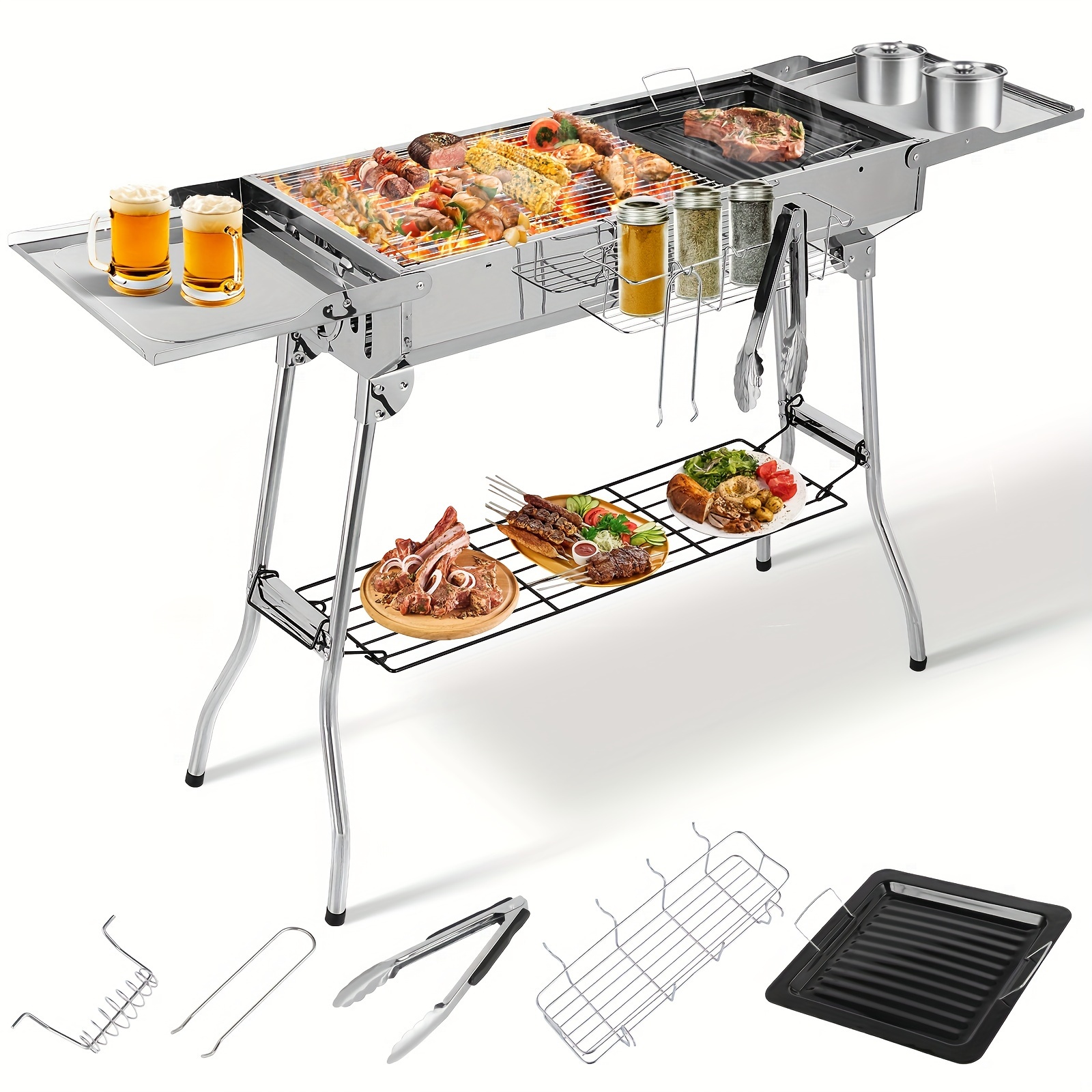 Image of Outdoor Grill, Foldable Grill, Portable Charcoal Grill, Stainless Steel Folding Grill, Bbq Charcoal Grill With Pan, Adjustable Vents, Camping Grill For Garden Backyard Picnic