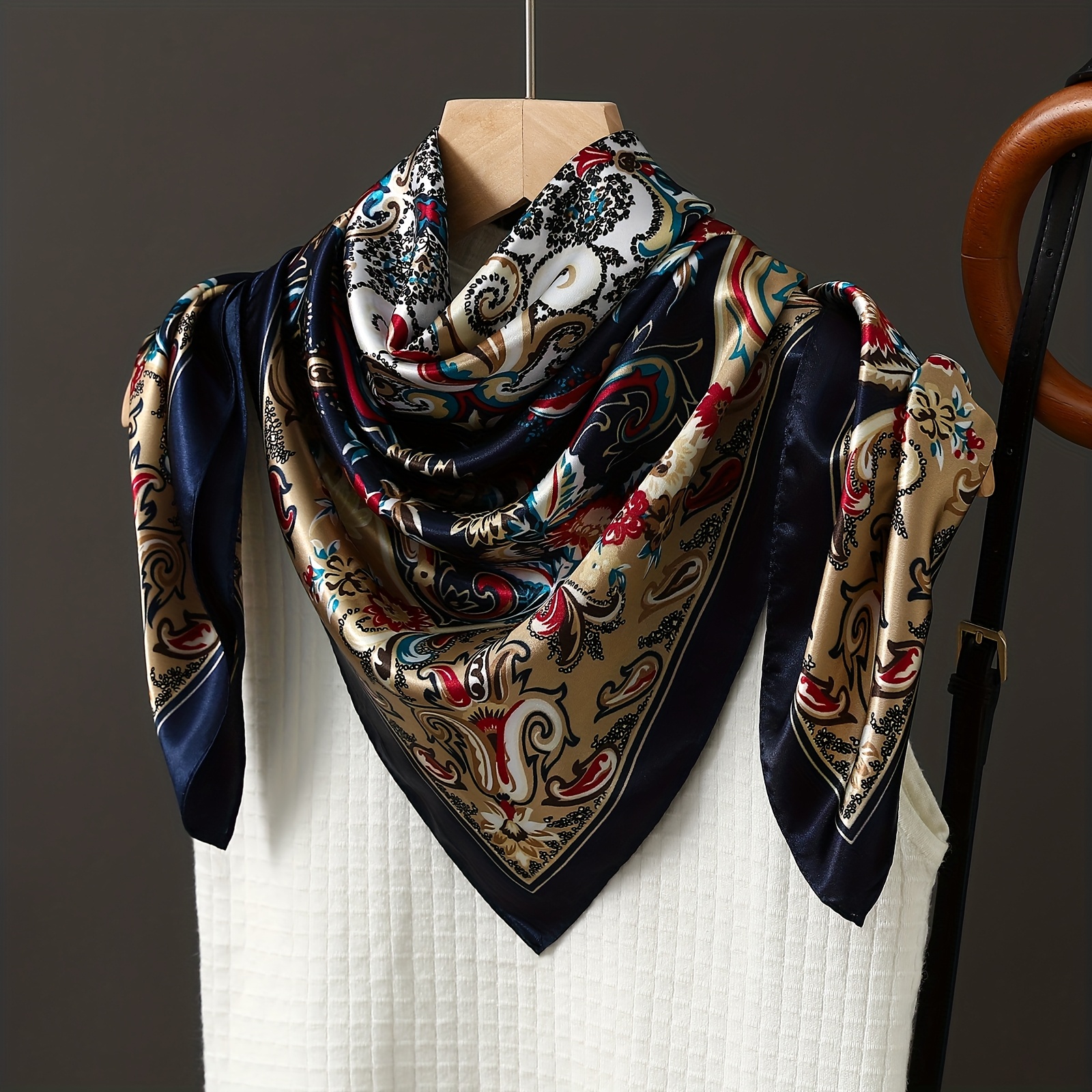 TEMU 1. 35.43 X 35.43 Inch Polyester Women's Elegant Square Lightweight Scarf, Paisley Pistachio Pattern, Multifunctional, Smooth And Soft, Hand Wash