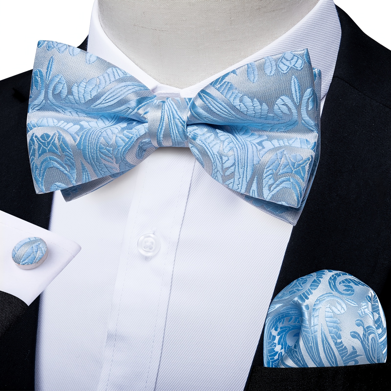 Blue Paisley Bow Tie Set With Pocket Square And Cufflinks, A Chic For Beach Weddings, Graduation Events, And