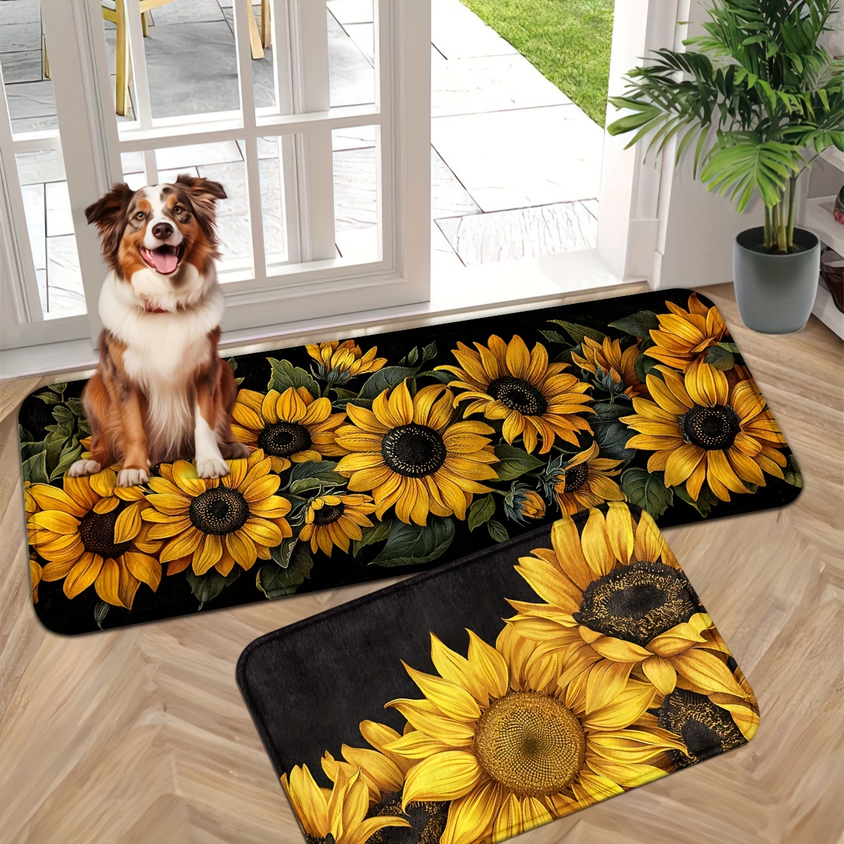 

Sunflower Doormat Set – Non-slip, Machine Washable, Knit Polyester, Low Profile Entryway Rugs For Indoor/outdoor – Simple Pastoral Style With Black Background Decorative Mats