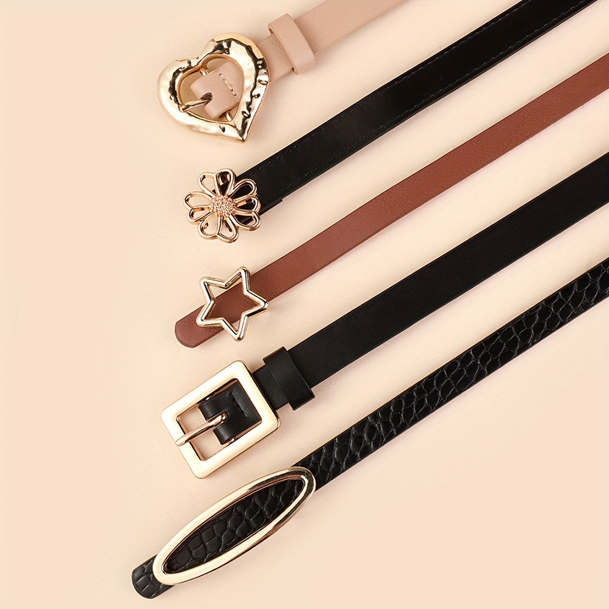 5pcs Skinny Thin Belts Women Solid PU Leather Classic Dress Belt