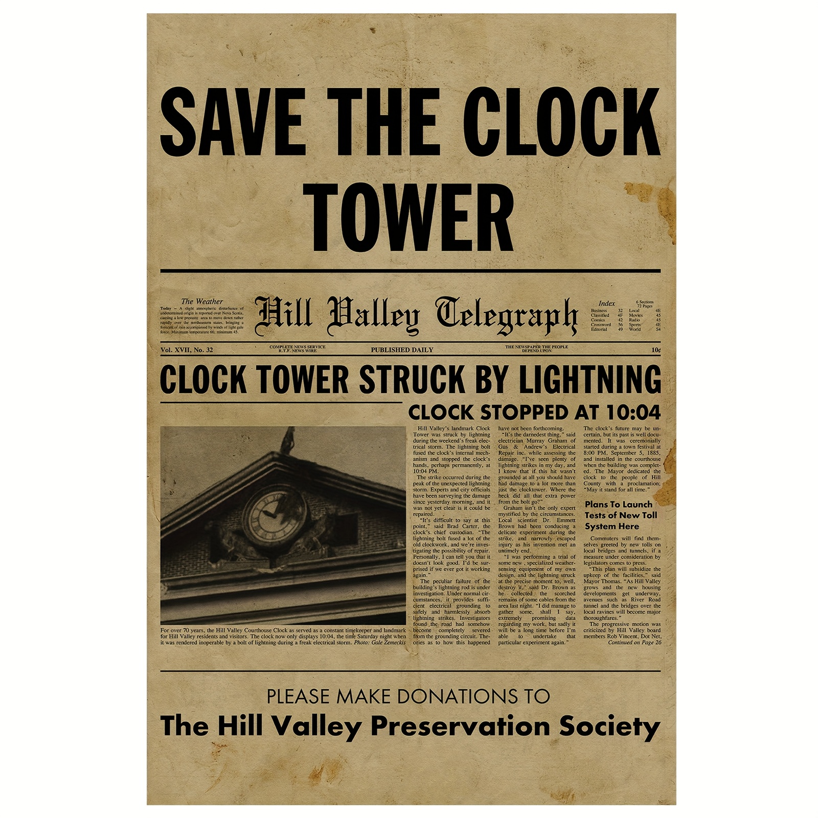 E-shop 2D Flach, [2D Flach] 1 Stück rahmenlose "Rettet den Uhrturm" Zeitungsartikel Leinwand Wandkunst, 12x18 Zoll - Vintage Hill Valley Preservation