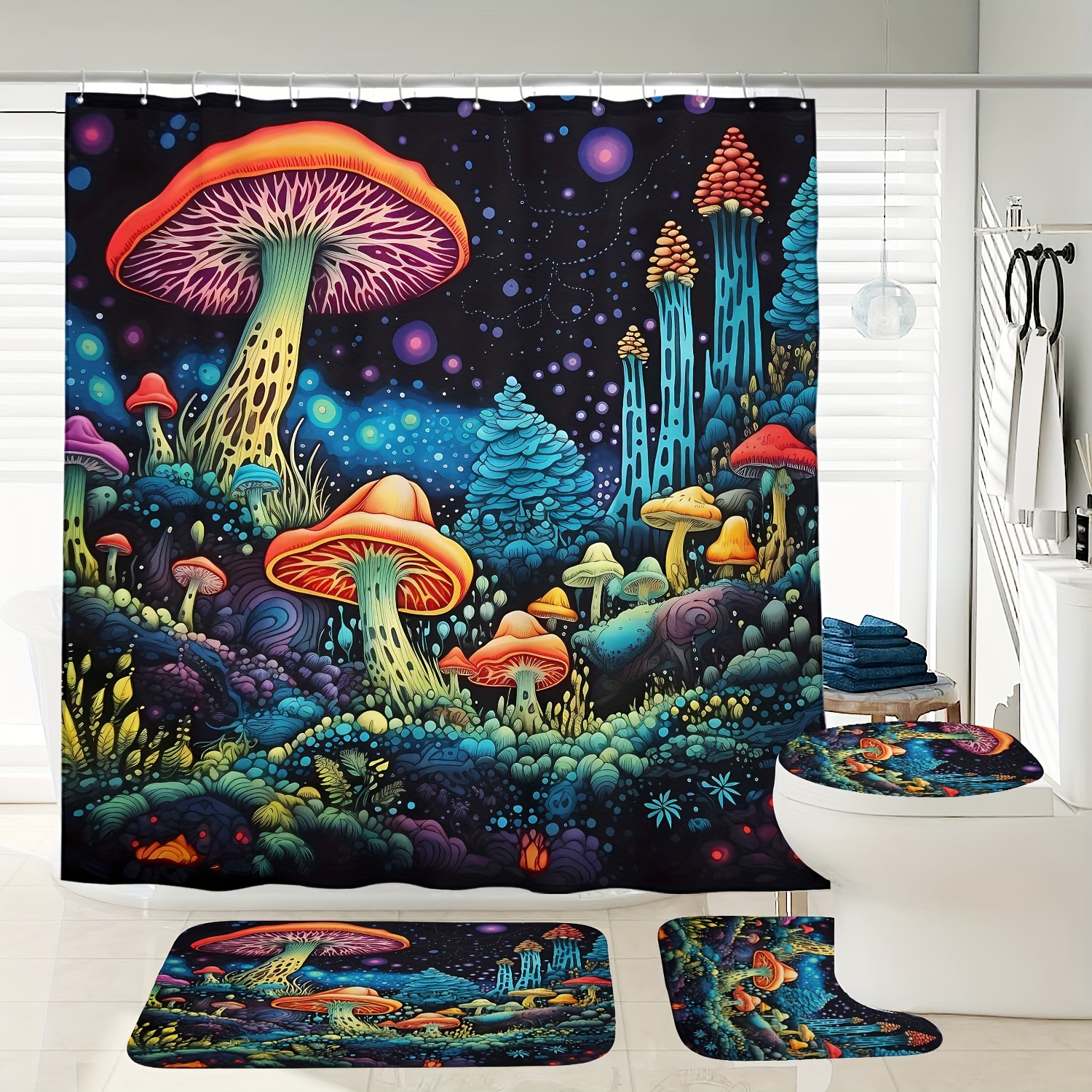 

1/3/4pcs Starry Night Mushroom Pattern Shower Curtain Set, Shower Curtain With 12 Hooks, Non-slip Bath Mat, U-shaped Toilet Mat, Toilet Mat, Bathroom Decor Accessories