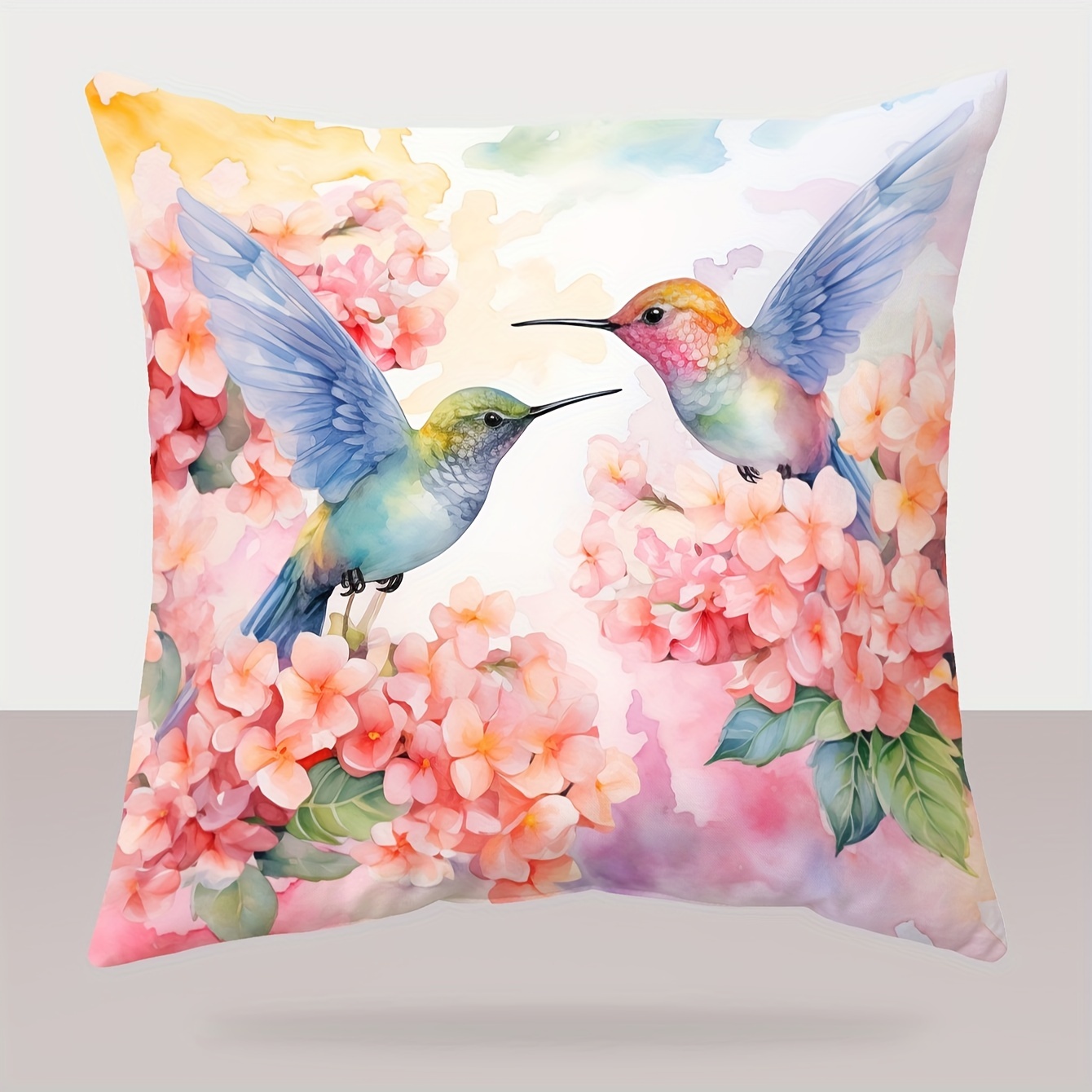 

1pc, Contemporary Style Hummingbirds Floral Print Pillow Cover (18''x18''/45cm*45cm), Home Decor Cushion Case, Spring Accent, Sofa Decoration, Decorative Throw Pillow, Living Room, Bedroom Accessory