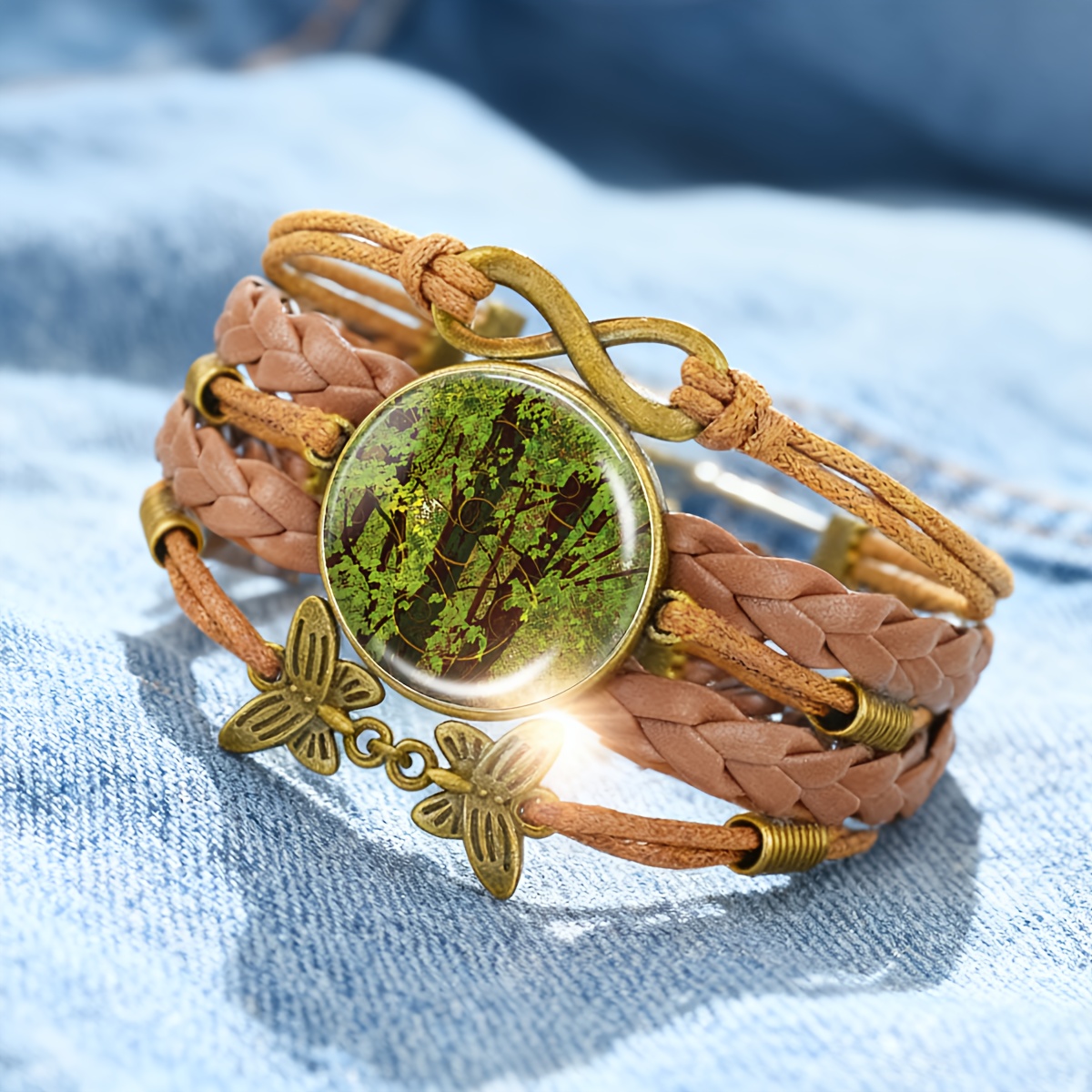 Women's Glass Patterned Butterfly Star Shaped Bracelet, Green Forest Design