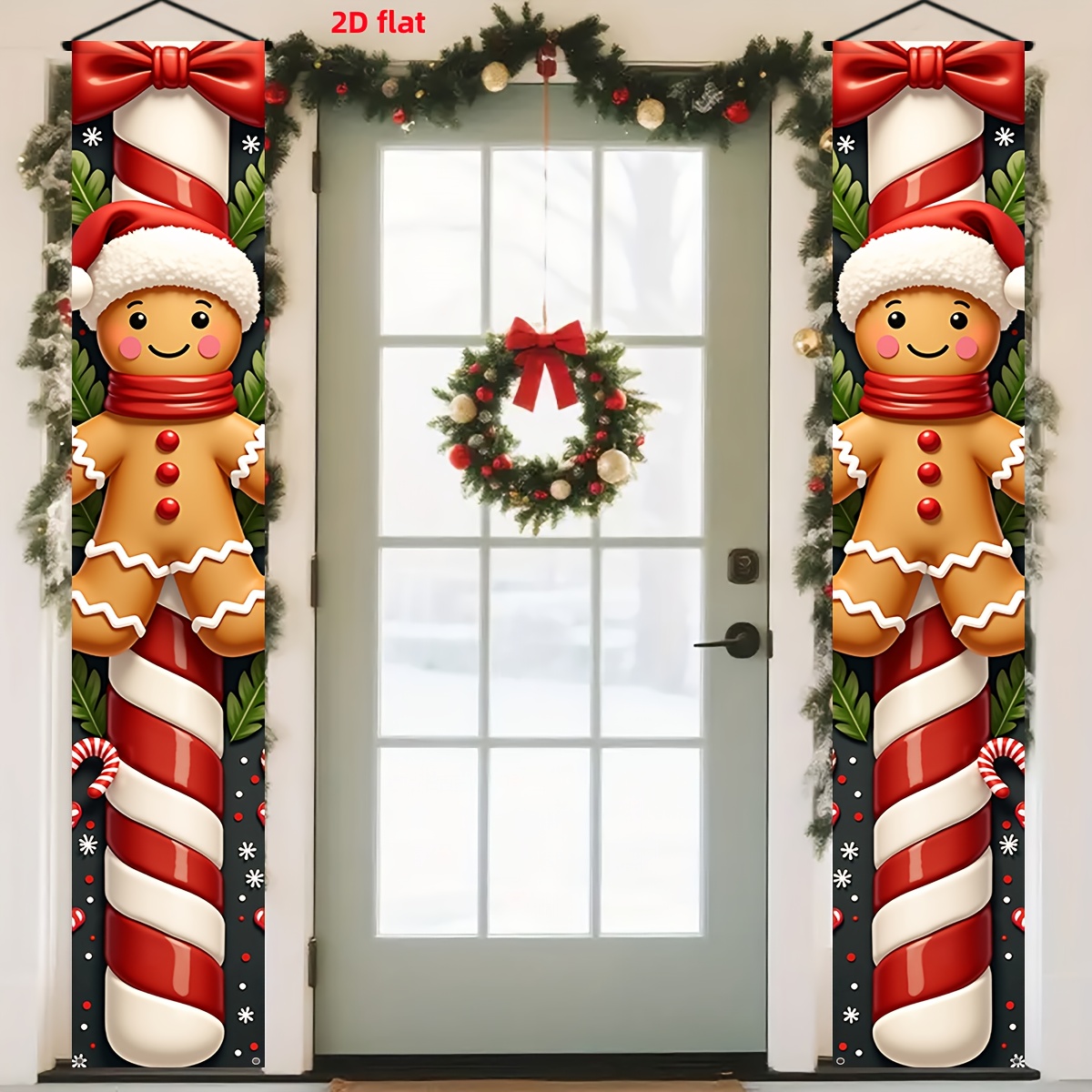 TEMU 2d Flat, 2d Flat - 2d Flat, 2d Flat - 2d Flat, Party Banner, 1 Set, Christmas Decoration Banner, "gingerbread Man On Red And Canes" , Cute
