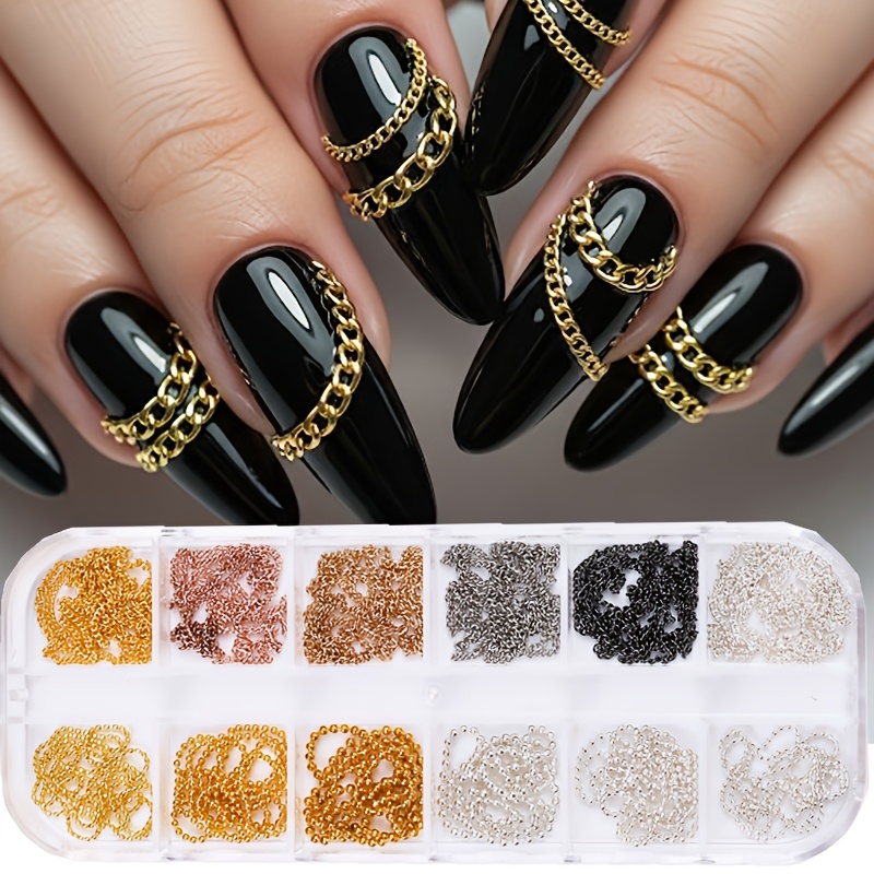 TEMU Decorazione per unghie con catena metallica e argentata, gioielli per unghie 3D punk , ciondoli con catena glitterata per nail art, decorazioni