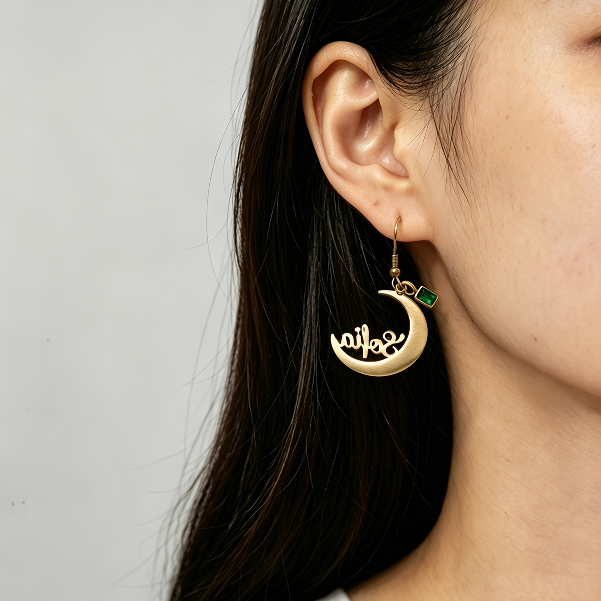 Personalized Green Crescent Moon Name Earrings, Gift for Her