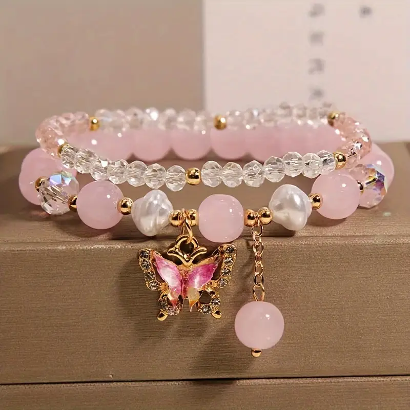 Green Butterfly Childrens Charm Bracelet Made with Crystals and Imitation Pearls Green Butterfly Childrens Charm Bracelet Made with Crystals and Imitation Pearls