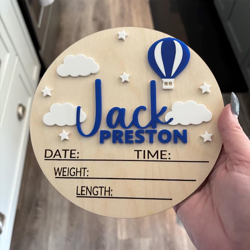 TEMU 1pc Personalized Hot Air Balloon Announcement Sign - Custom Name, Weight & Length - Wooden Base With Balloon & Clouds - Birthday/shower