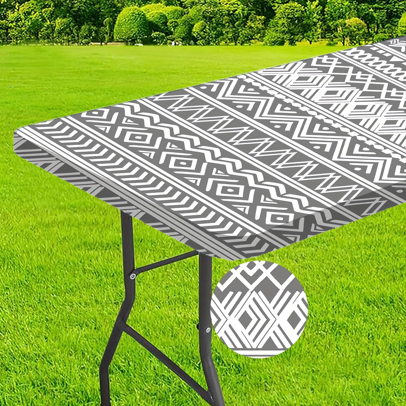 TEMU 1pc Grey Geometric Polyester Tablecloth, 4/6 Foot Rectangle Picnic Table Cover, Machine- For Indoor Outdoor Party, Picnic Tablecloth | Geometric