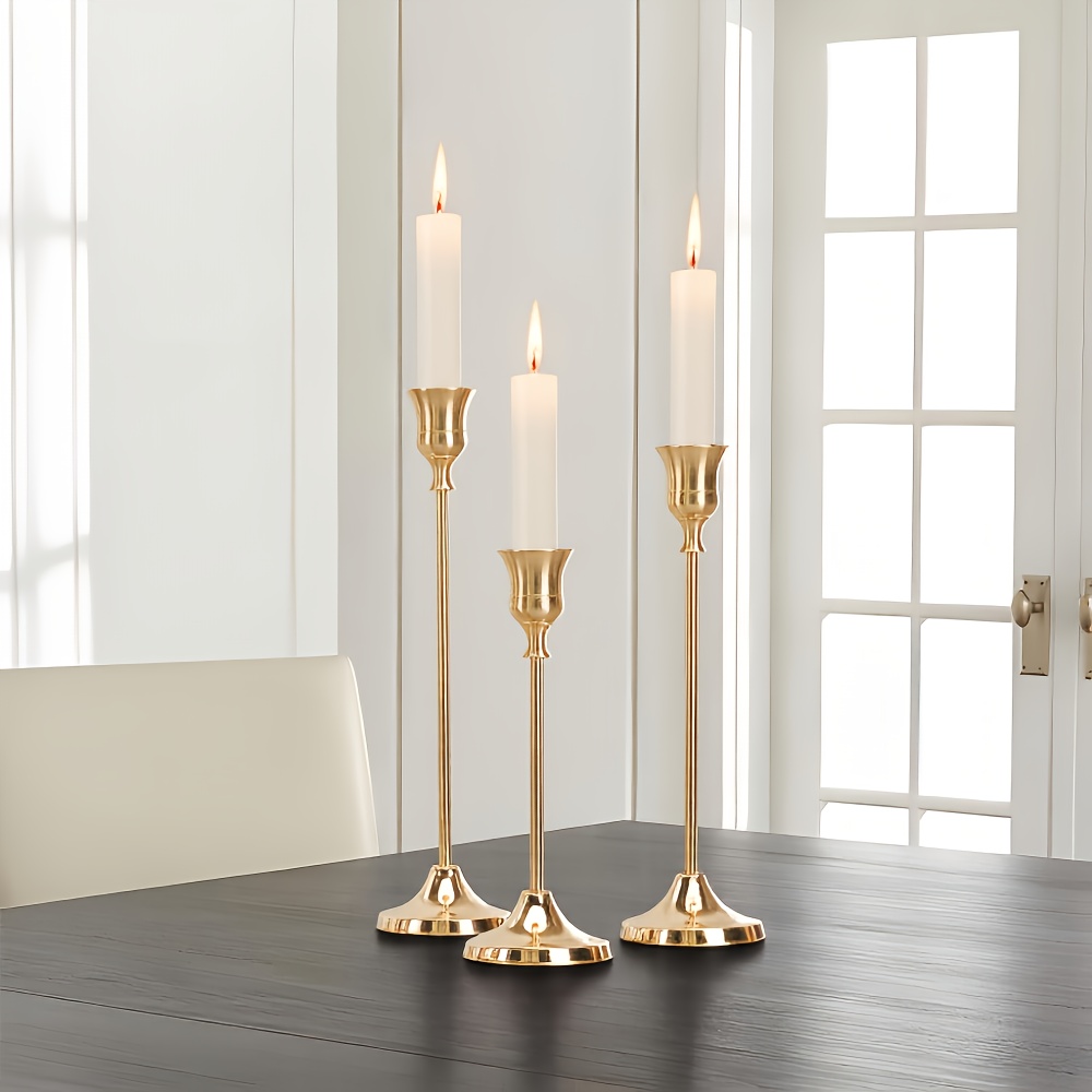 TEMU 3pcs Vintage Candlestick Holders Brass Golden Candlestick Taper Candle Holders Decorative Fireplace Party Dining Room, Table Centerpiece,