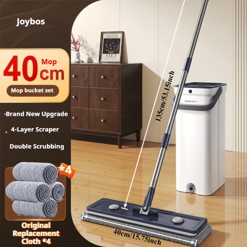 Image of 2025 Flat Mop With Bucket Set - 40cm Large Mop Head, Wringing, Clean, 4 Original Replacement Mop Pads, Perfect Christmas Gift For Home Kitchen/ Bathroom Cleaning