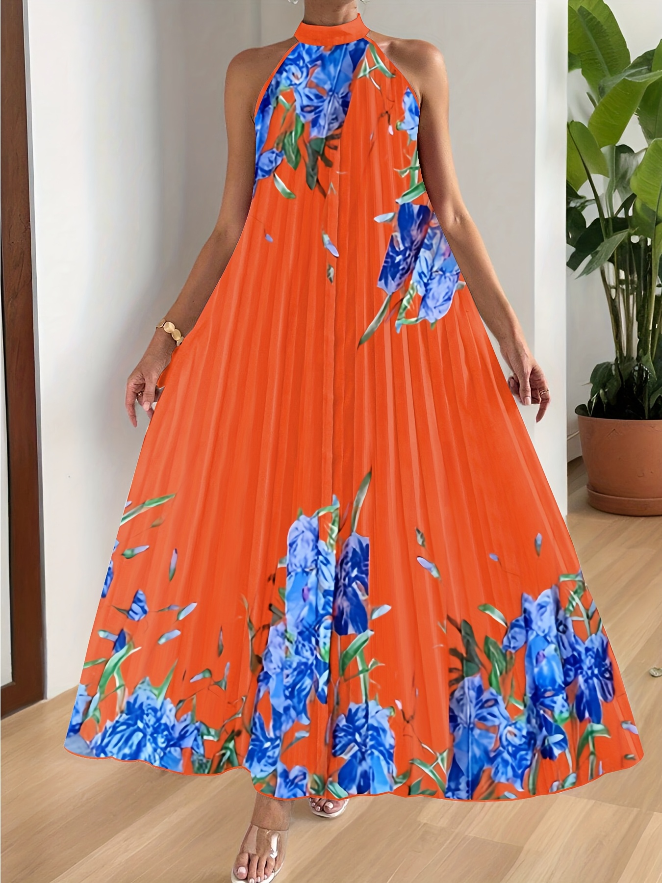 Plus Size, Plus-size Elegant Dress, Women's Summer Maxi Printed Sleeveless  Vacation Dress, Printed Pleated Daily * Travel Party Datewear