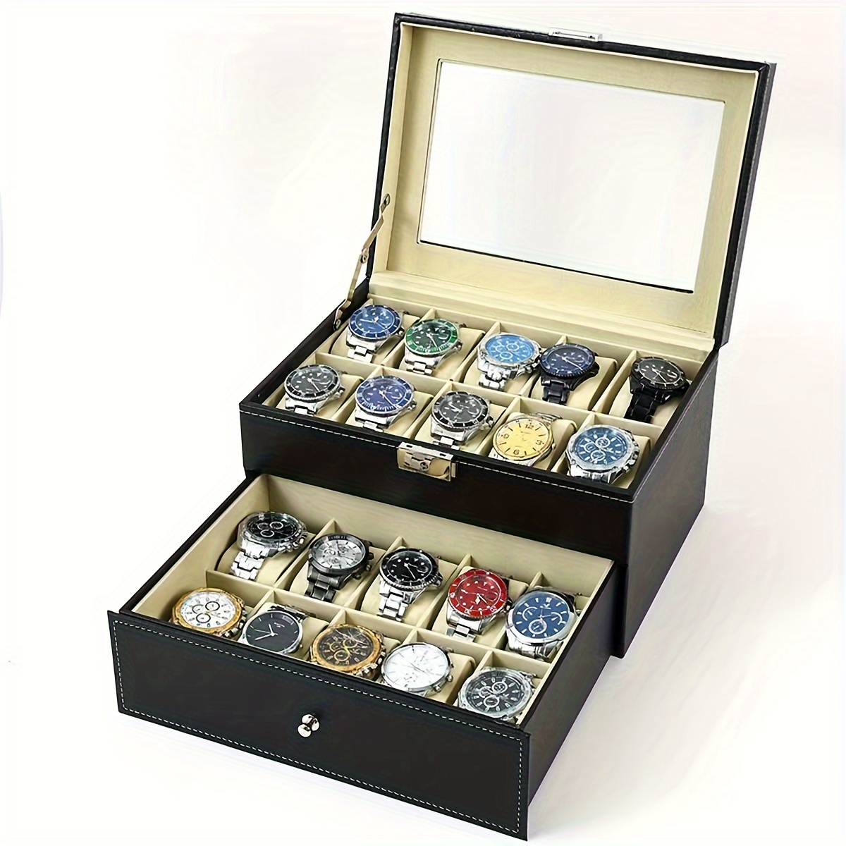 

Elegant Leather Watch Box With 20 Watch Slots And 2 Drawers - International Style, Key Lock Closure, Suitable For Desk Use