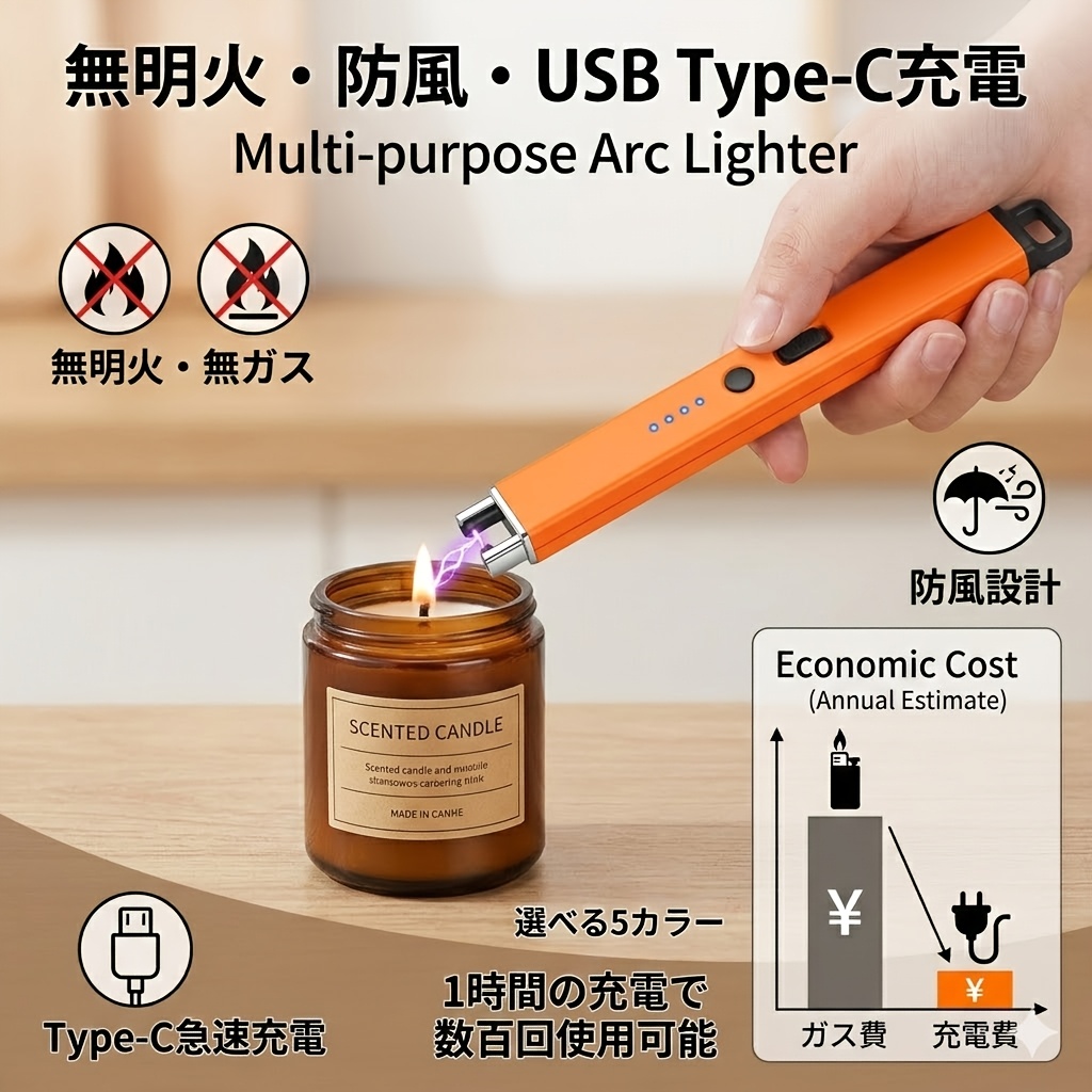 【usb充電式】 電子ライター 防風 フレームレス コンパクト 再利用可能