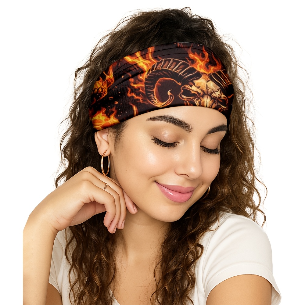 immagine dell'articolo 1pc fascia larga   a forma di   e fiamma per donna | fascia   e spessa   con   di     e teschi che bruciano, perfetta per  , palestra,  , fitness & abbigliamento casual, fascia per capelli stile horror   &  , tessuto in poliestere