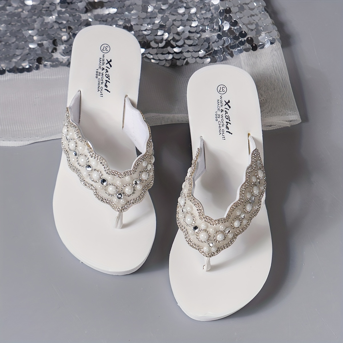 Image of Women's Rhinestone Decorated Flip-flops, Fashionable Wedge Heel Vacation Beach Slippers, Women Shoes
