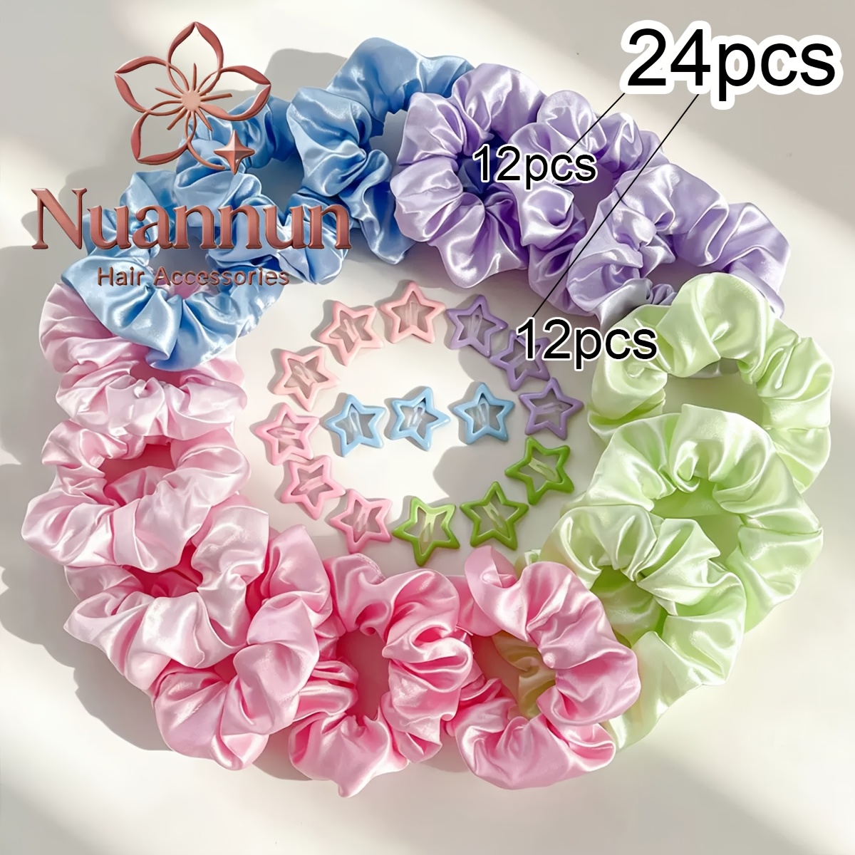 TEMU 24pcs Set: 12pcs Satin Scrunchies + 12pcs Star Hair Clips, Sweet Solid Color Satin Scrunchies And Star Hair Clips Combo Set