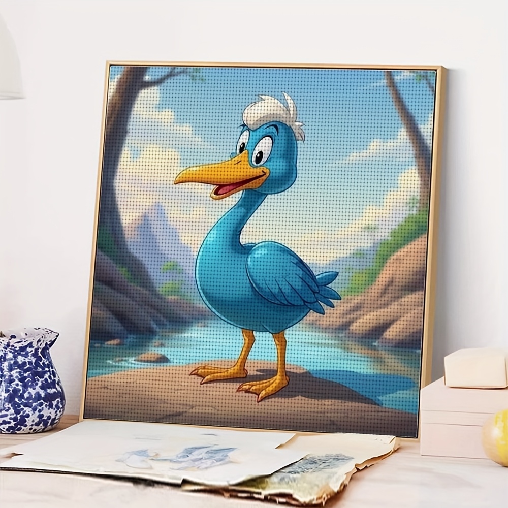 Cross Stitch Kit Featuring Cheerful Blue Cartoon Bird by the River