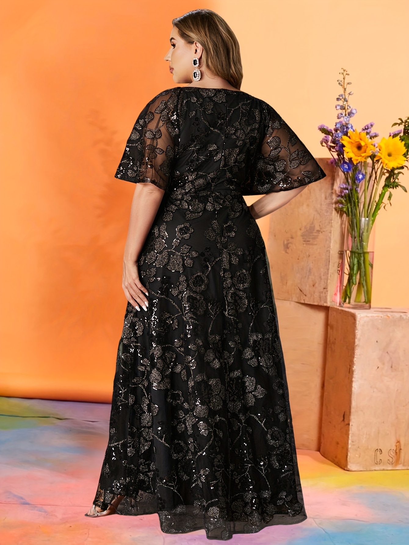 blue dress for baby girl Women's Plus Size Siren Sheer Sleeve Dress - Black