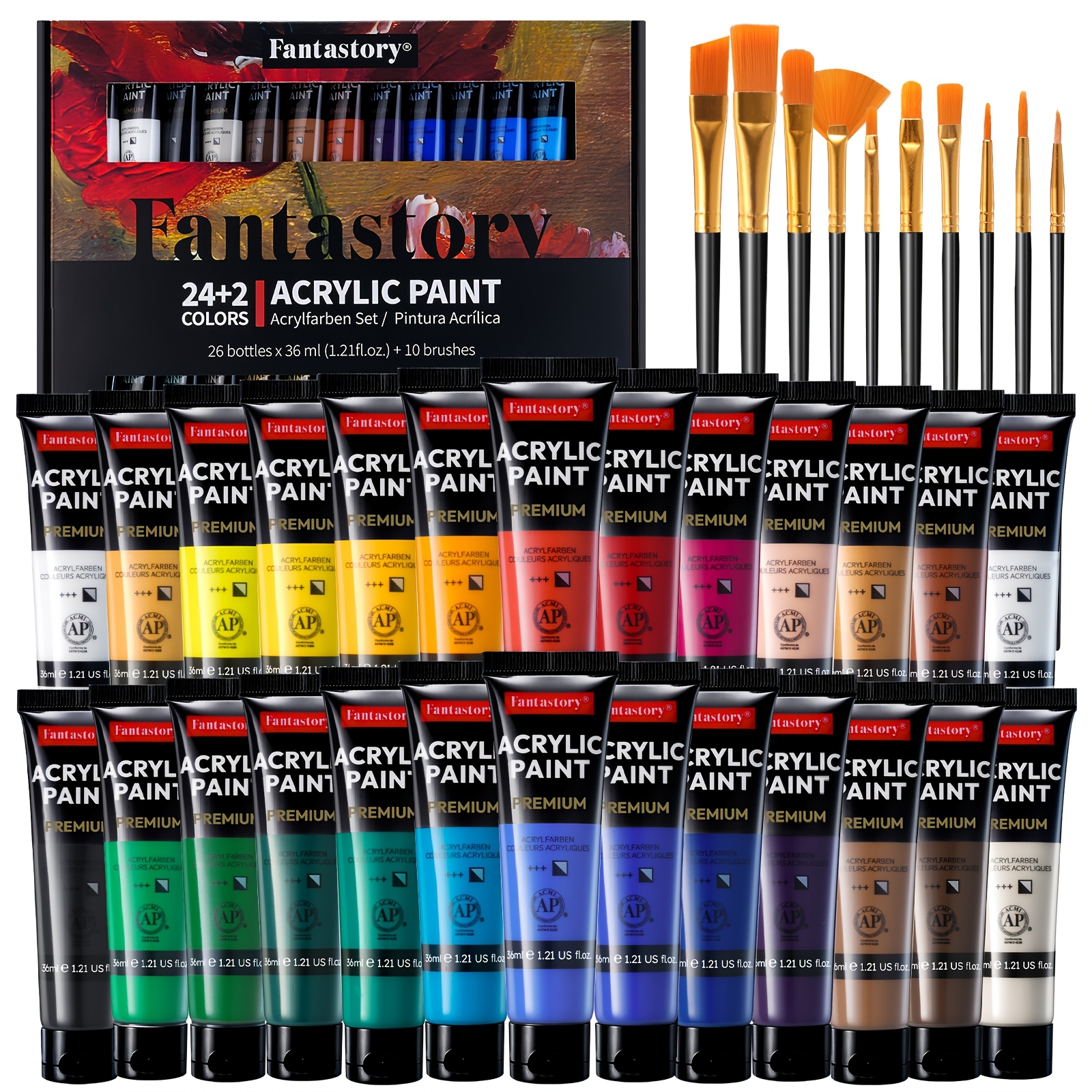 Image of 26pcs Fantastory High-pigment Acrylic Paint Collection - 36ml With 9 Brushes, Fast-drying And Professional Art Materials For Outdoor Sketching, Canvas, Wood, And Stone