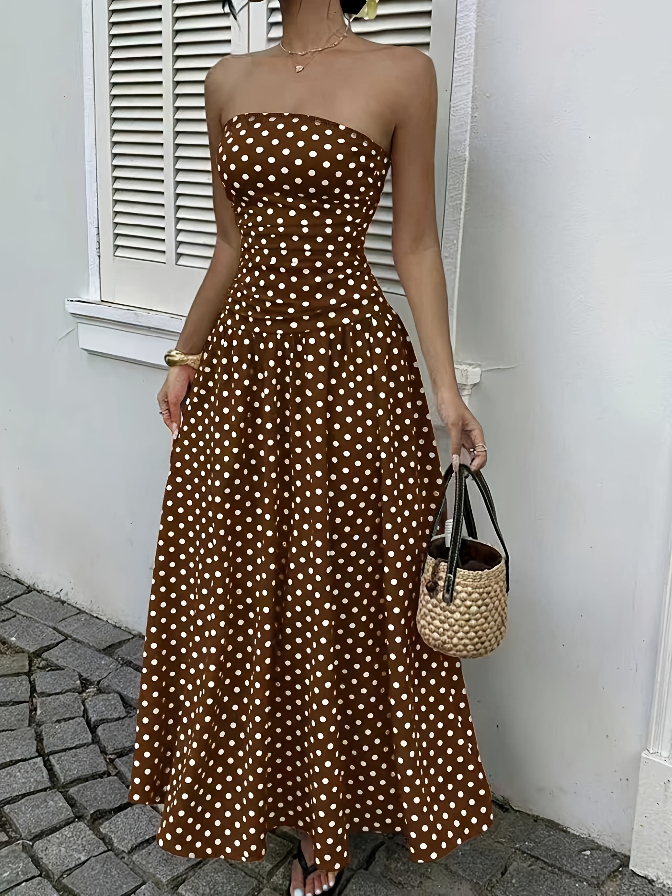 Polka Dot Strapless Dress with a Fitted Waist And a Flowing Floor-Length  Skirt, Featuring a Vintage French Style That * The Figure. This Romantic  And * Is Perfect for Casual * And Versatile Enough for ...