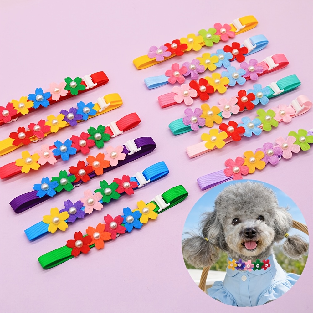 TEMU 10pcs Pack (random 10pcs Suitable For Dogs And Cats) Adjustable Collars With Flower Bowties & Beads - Pet Grooming Accessories, Bowtie Collars